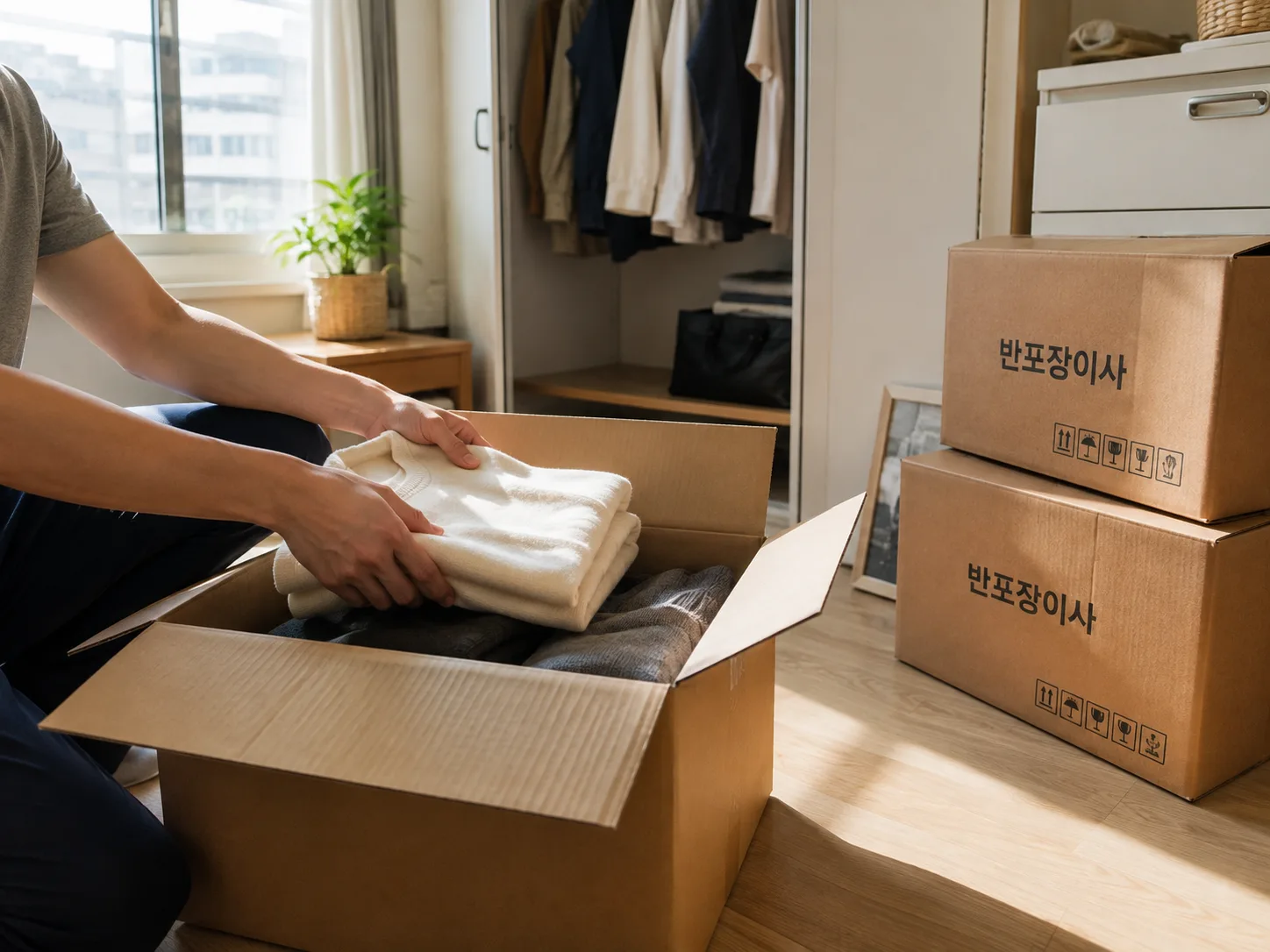 강남 원룸 반포장이사 — 옷과 잔짐을 박스에 담는 모습